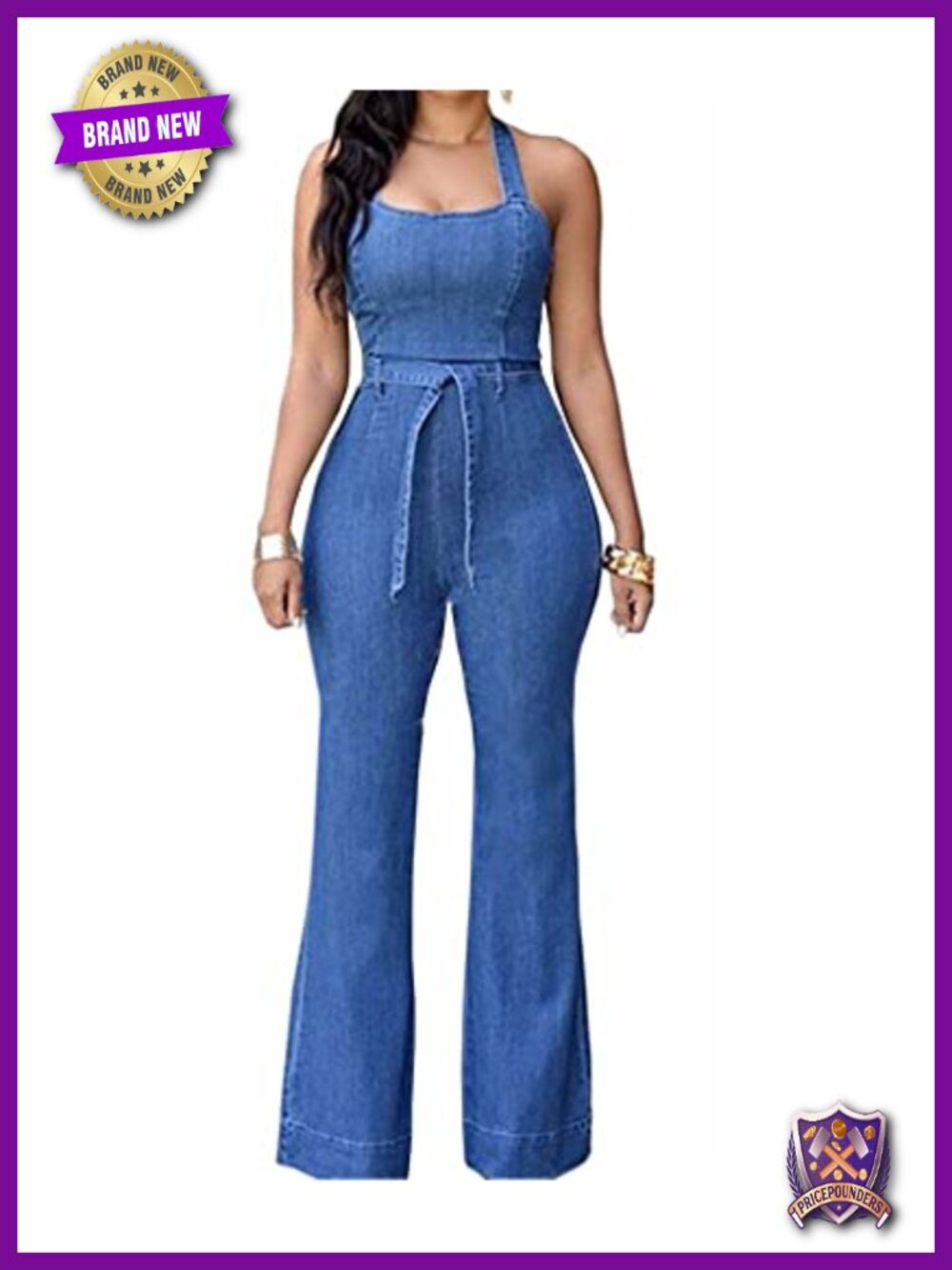 Halter Lace Up Backless Wide Leg Denim Jumpsuit with Belt
